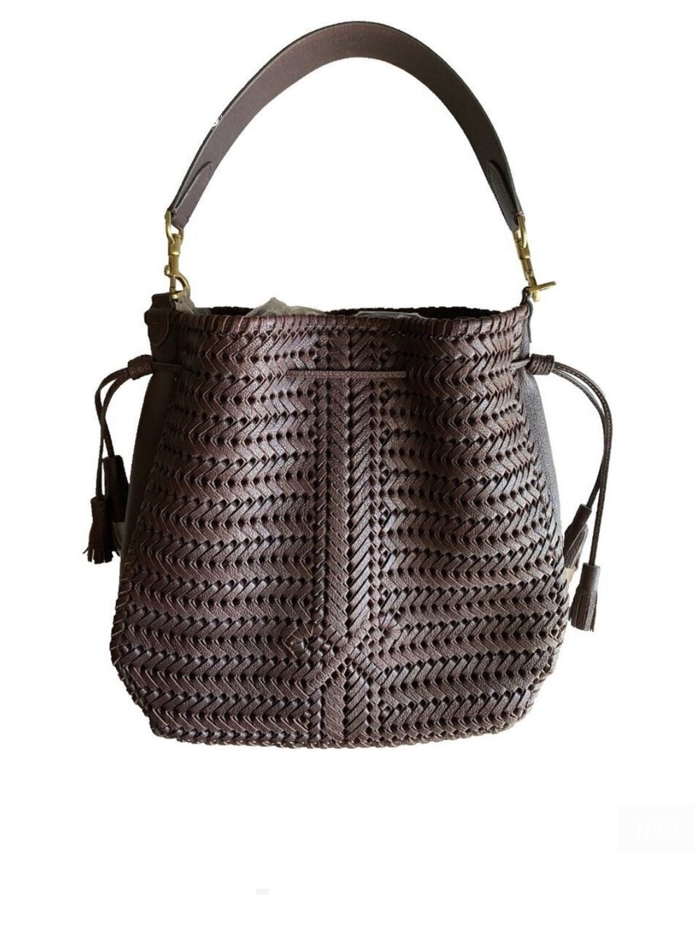 Anya Hindmarch Neeson Leather Woven Bucket Bag in Rosewood Brown